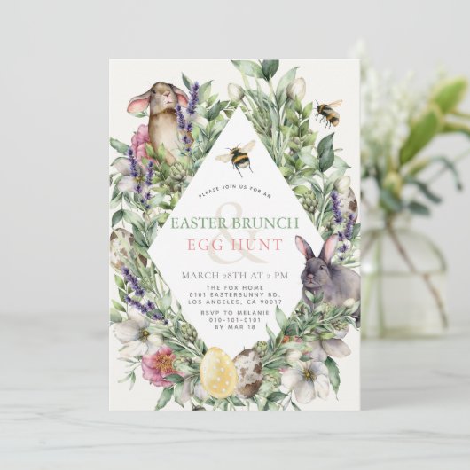 Bunny & Bee Greenery Rhombus Easter Brunch Kaart (Staand voorkant)