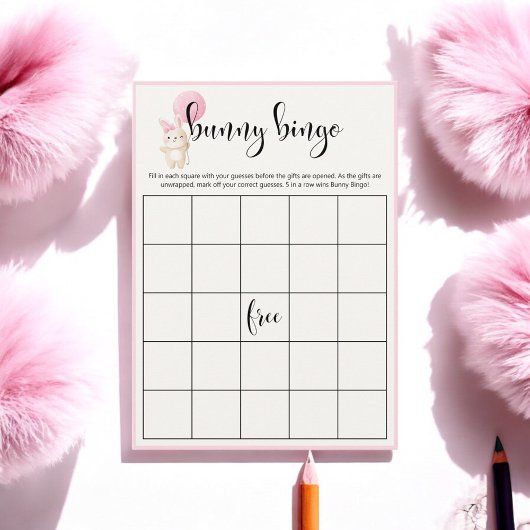 Bunny Bingo Roze Ballon Baby shower Bingo Spel Informatiekaartje