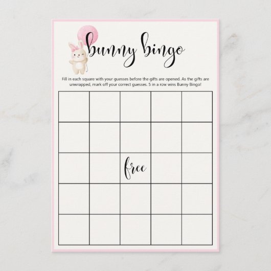 Bunny Bingo Roze Ballon Baby shower Bingo Spel Informatiekaartje (Voorkant)