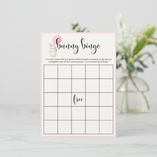Bunny Bingo Roze Ballon Baby shower Bingo Spel Informatiekaartje (Staand voorkant)