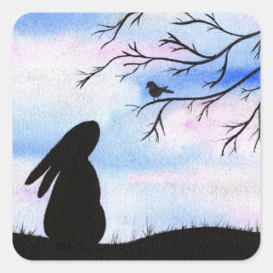  Bunny & Bird Aquarel Silhouet Vierkante Sticker