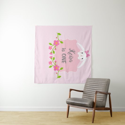 Bunny Birthday Backdrop Banner (Roze & Bloemen) Wandkleed