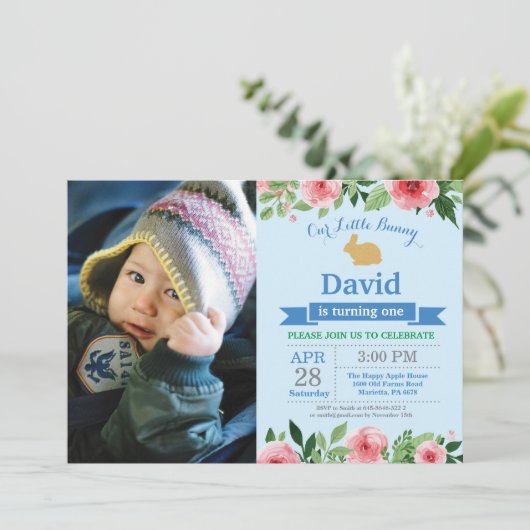 Bunny Birthday Boy Easter 1st First Birthday Kaart (Staand voorkant)