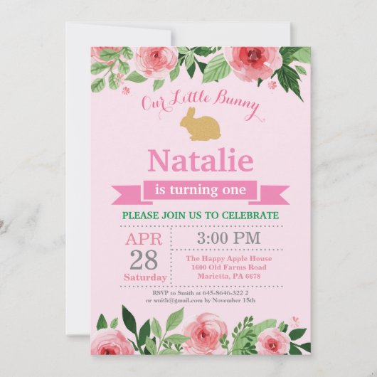 Bunny Birthday Girl Easter 1e verjaardag Kaart (Voorkant)