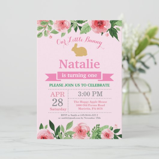 Bunny Birthday Girl Easter 1e verjaardag Kaart (Staand voorkant)