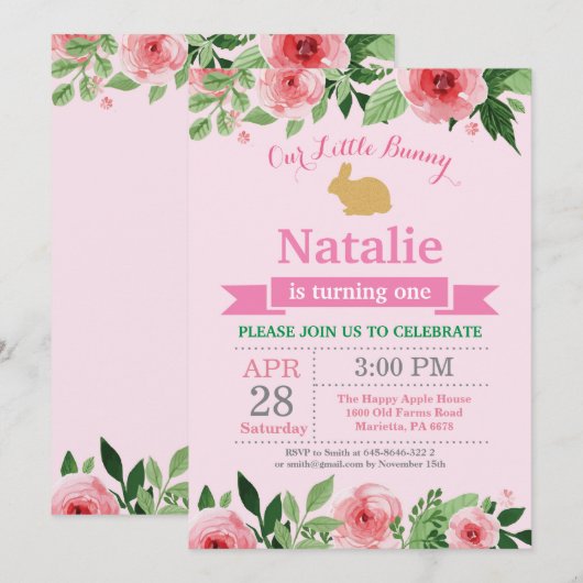 Bunny Birthday Girl Easter 1e verjaardag Kaart (Voorkant / Achterkant)