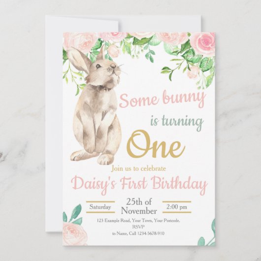 Bunny Birthday Invitation, 1st Birthday Invite Kaart (Voorkant)