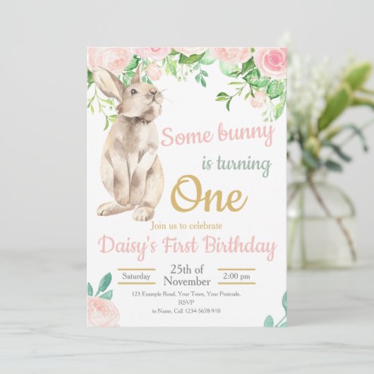 Bunny Birthday Invitation, 1st Birthday Invite Kaart (Staand voorkant)