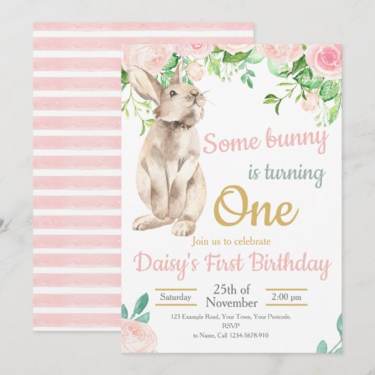 Bunny Birthday Invitation, 1st Birthday Invite Kaart (Voorkant / Achterkant)
