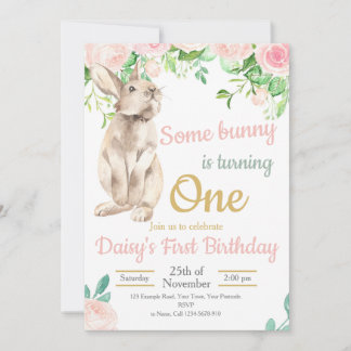 Bunny Birthday Invitation, 1st Birthday Invite Kaart