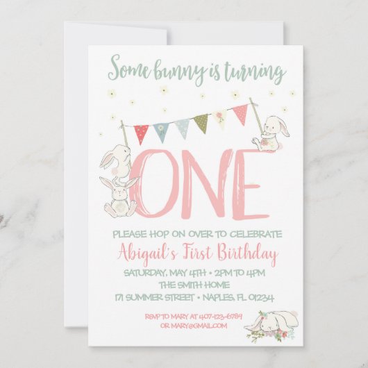 Bunny Birthday Invitation, Bunny First Birthday Kaart (Voorkant)