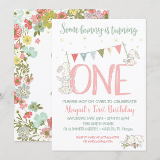 Bunny Birthday Invitation, Bunny First Birthday Kaart