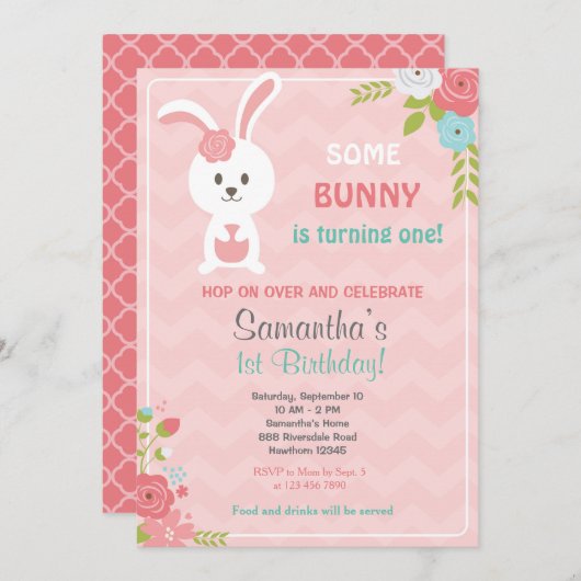 Bunny Birthday Invitation / Bunny Invitation Kaart (Voorkant / Achterkant)