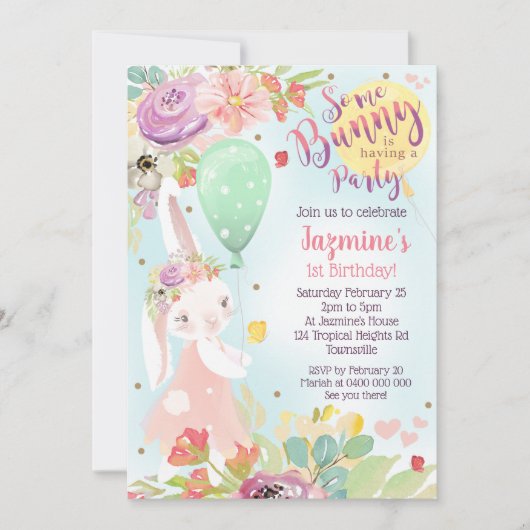 Bunny Birthday Invitation Floral Bunny Invite Kaart (Voorkant)
