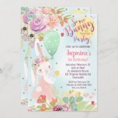 Bunny Birthday Invitation Floral Bunny Invite Kaart (Voorkant / Achterkant)