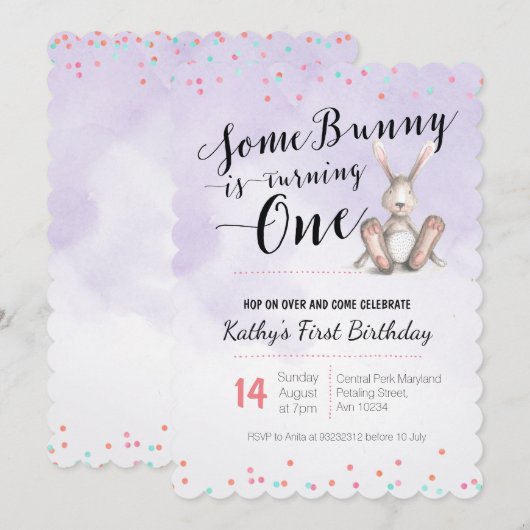 Bunny Birthday Invitation PAARSE Kaart (Voorkant / Achterkant)