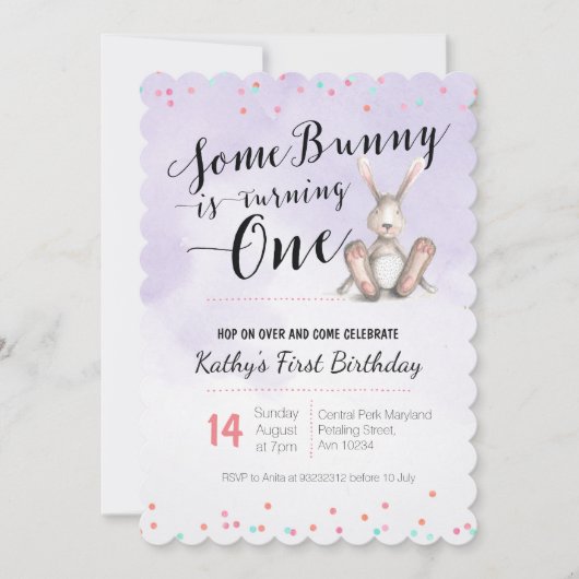 Bunny Birthday Invitation PAARSE Kaart (Voorkant)