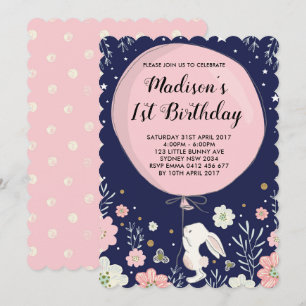 Bunny Birthday Invite Rabbit Navy Pink Twinkl Star Kaart