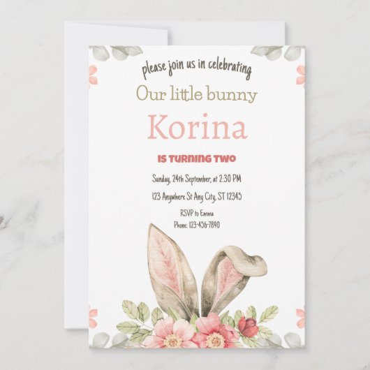 Bunny Birthday Party Invitation roze floral Kaart (Voorkant)