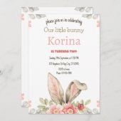 Bunny Birthday Party Invitation roze floral Kaart (Voorkant / Achterkant)