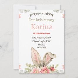 Bunny Birthday Party Invitation roze floral Kaart