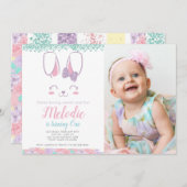 Bunny Birthday Uitnodiging, Elke leeftijd, 1e verj Kaart (Voorkant / Achterkant)