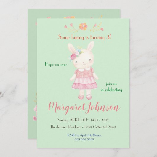 Bunny Birthday Uitnodiging pasteel Girls Rabbit (Voorkant / Achterkant)