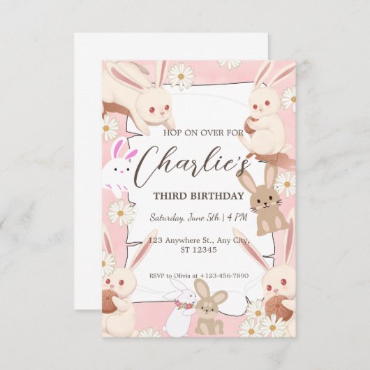 Bunny Birthday-uitnodiging voor kinderen Kaart (Voorkant / Achterkant)