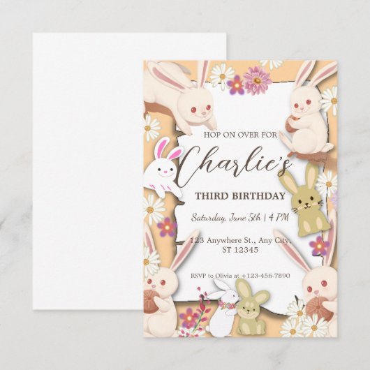 Bunny Birthday-uitnodiging voor kinderen Kaart (Voorkant / Achterkant)