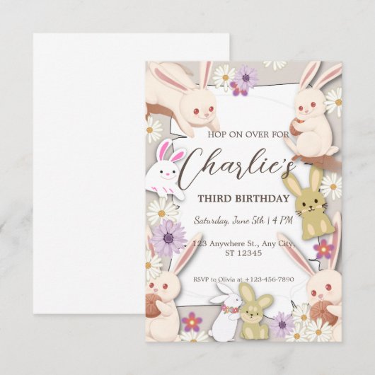 Bunny Birthday-uitnodiging voor kinderen Kaart (Voorkant / Achterkant)