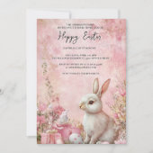 Bunny Bloemen en eieren roze vrolijk Pasen Kaart (Voorkant)