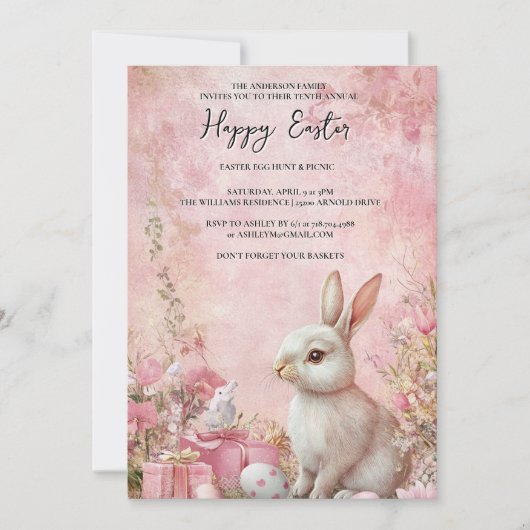 Bunny Bloemen en eieren roze vrolijk Pasen Kaart (Voorkant)