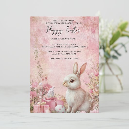 Bunny Bloemen en eieren roze vrolijk Pasen Kaart (Staand voorkant)