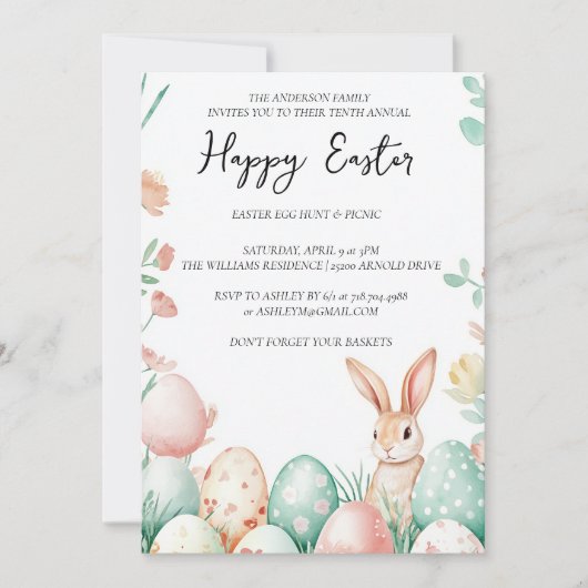 Bunny Bloemen en eieren wit gelukkig Pasen Kaart (Voorkant)