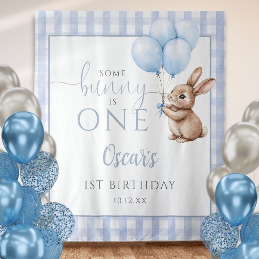Bunny Blue Balloons 1st Birthday Backdrop Wandkleed