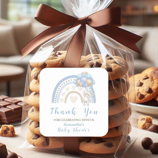 Bunny Blue Beige Balloon Baby shower Bedankt Vierkante Sticker