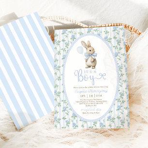 Bunny Blue Bow Balloon Boy Baby shower Kaart