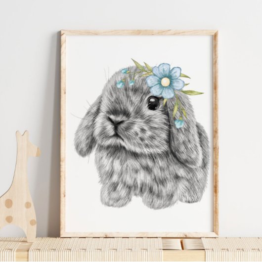 Bunny Blue Bow Nursery Print | Bunny Print