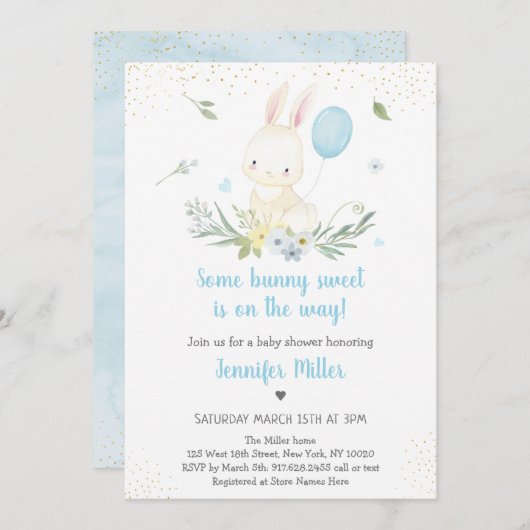 Bunny Blue Boy Greenery Baby shower Kaart (Voorkant / Achterkant)