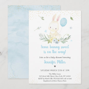 Bunny Blue Boy Greenery Baby shower Kaart