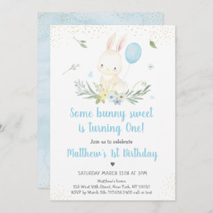 Bunny Blue Boy Greenery Birthday Invitation Kaart