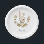 Bunny Blue Floral Kids Verjaardagsfeestje Papieren Bordje<br><div class="desc">Schattige bunny kind's verjaardagsfeestje papier bord met waterverf illustratie van een konijn met groen gebladerte en blauwe bloemkrans. Dit ontwerp is perfect voor het feest van uw bosrijke thema jongen in het voorjaar.</div>