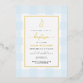 Bunny Blue Gingham Baptism Gold Foil Invitation Folie Uitnodiging