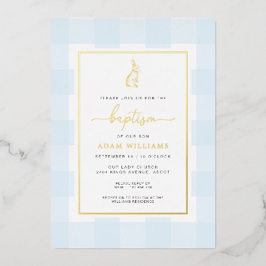 Bunny Blue Gingham Baptism Gold Foil Invitation Folie Uitnodiging (Voorkant)