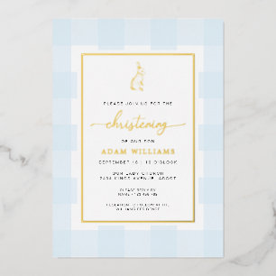 Bunny Blue Gingham Christening Folie Folie Uitnodiging
