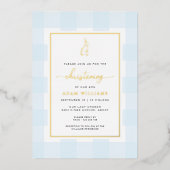 Bunny Blue Gingham Christening Folie Folie Uitnodiging (Voorkant)