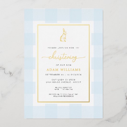 Bunny Blue Gingham Christening Folie Folie Uitnodiging (Voorkant)