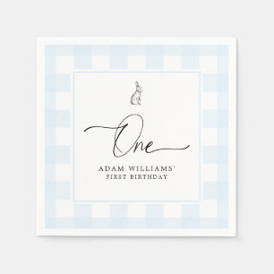 Bunny Blue Gingham First Birthday Paper Napkin Servet