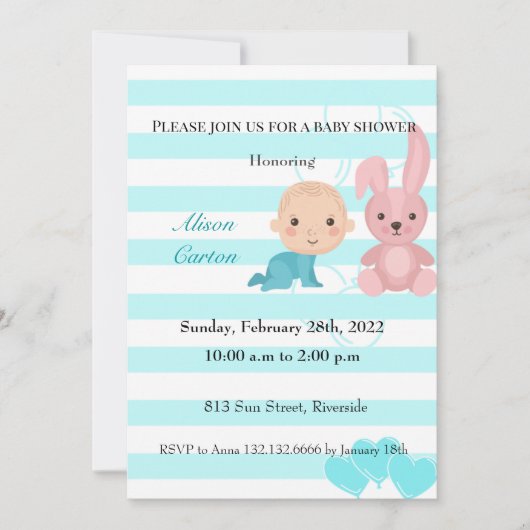 Bunny blue stripes boy baby shower-uitnodiging kaart (Voorkant)