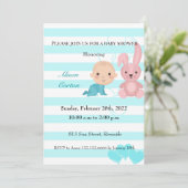 Bunny blue stripes boy baby shower-uitnodiging kaart (Staand voorkant)